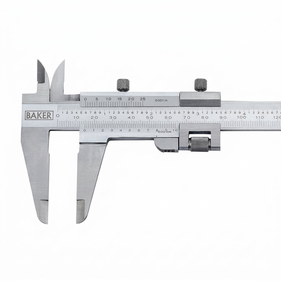 Silver vernier caliper with 'Baker' branding on a white background