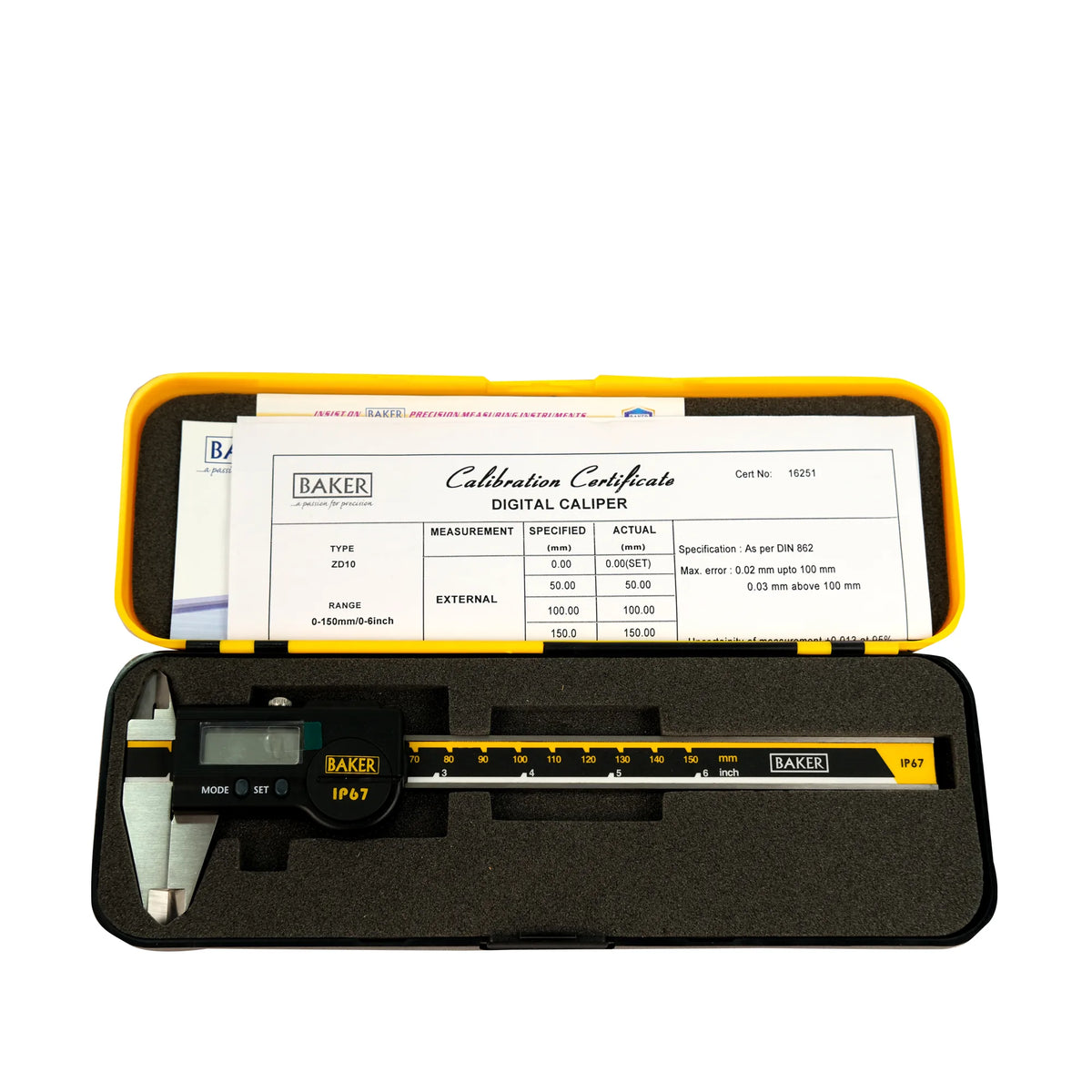 Digital caliper with calibration certificate in open case on white background