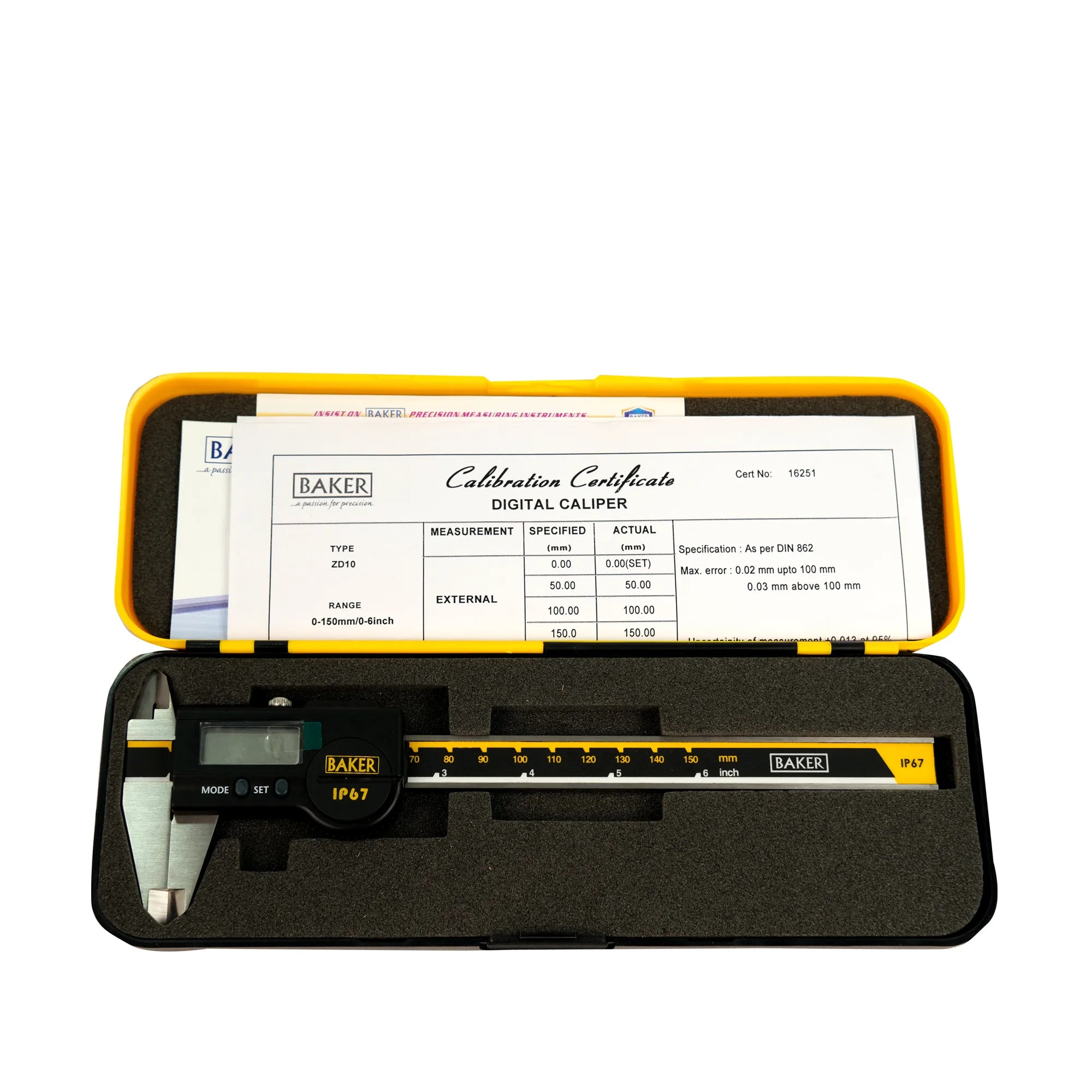 Digital caliper with calibration certificate in open case on white background