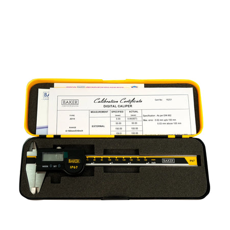Digital caliper with calibration certificate in open case on white background