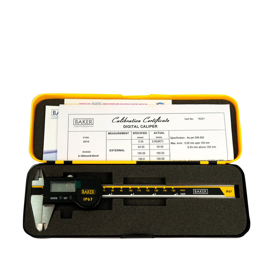Digital caliper with calibration certificate in open case on white background
