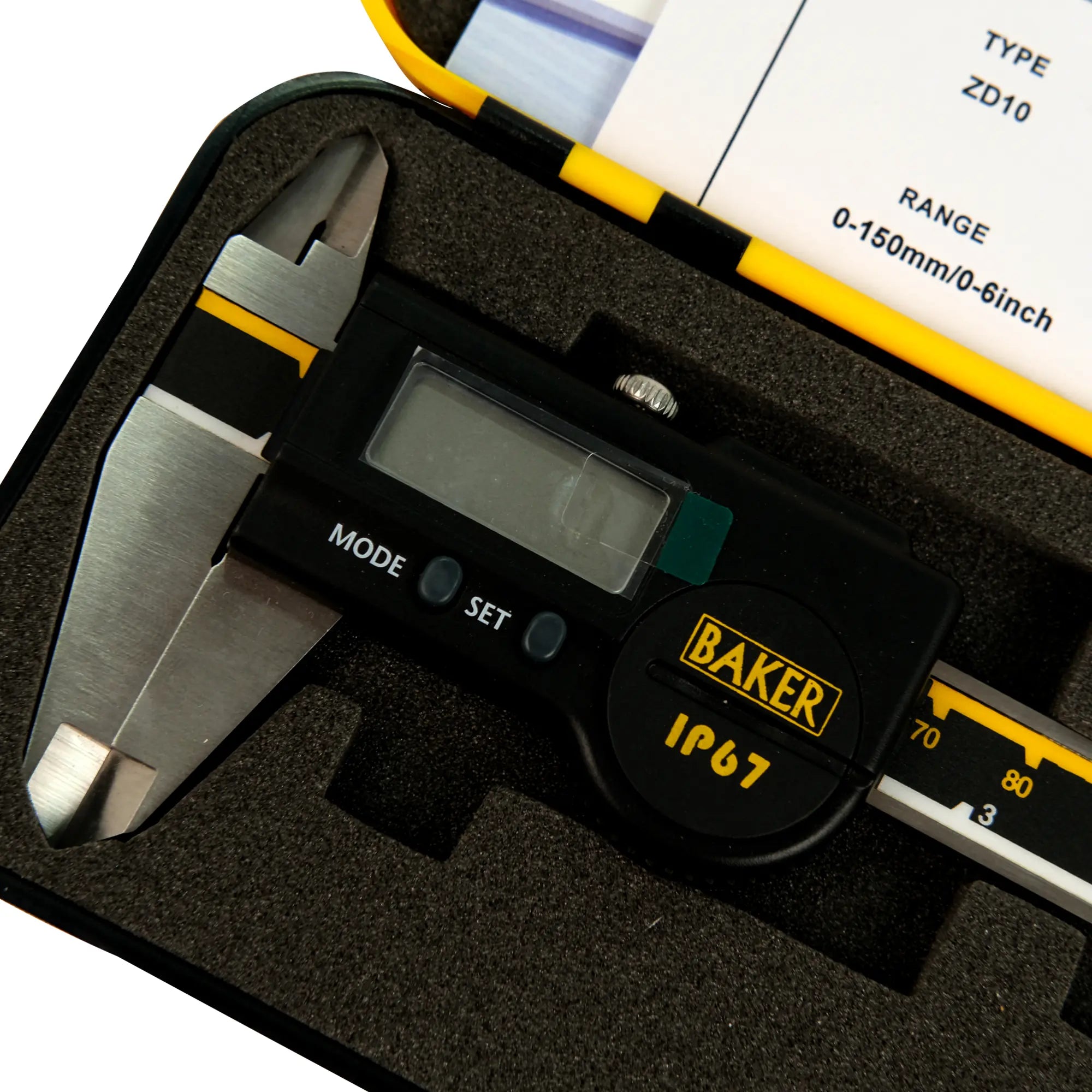Digital caliper with pliers in a foam-lined case, featuring the BAKER brand.