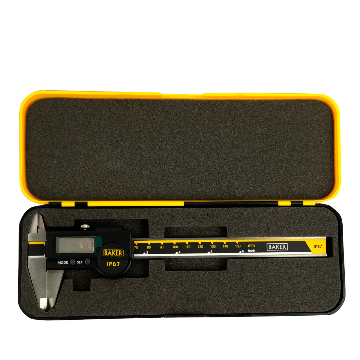 Digital caliper in a yellow and black case on a white background