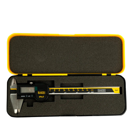 Digital caliper in a yellow and black case on a white background