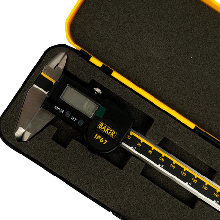 Digital caliper with 'Baker' branding in a black case on a white background