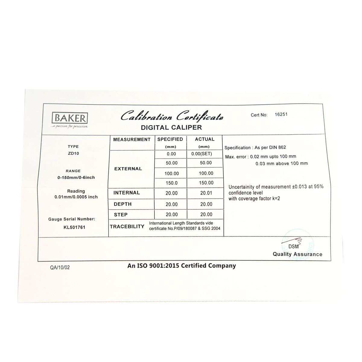 Calibration certificate for a digital caliper with specifications and Baker branding.