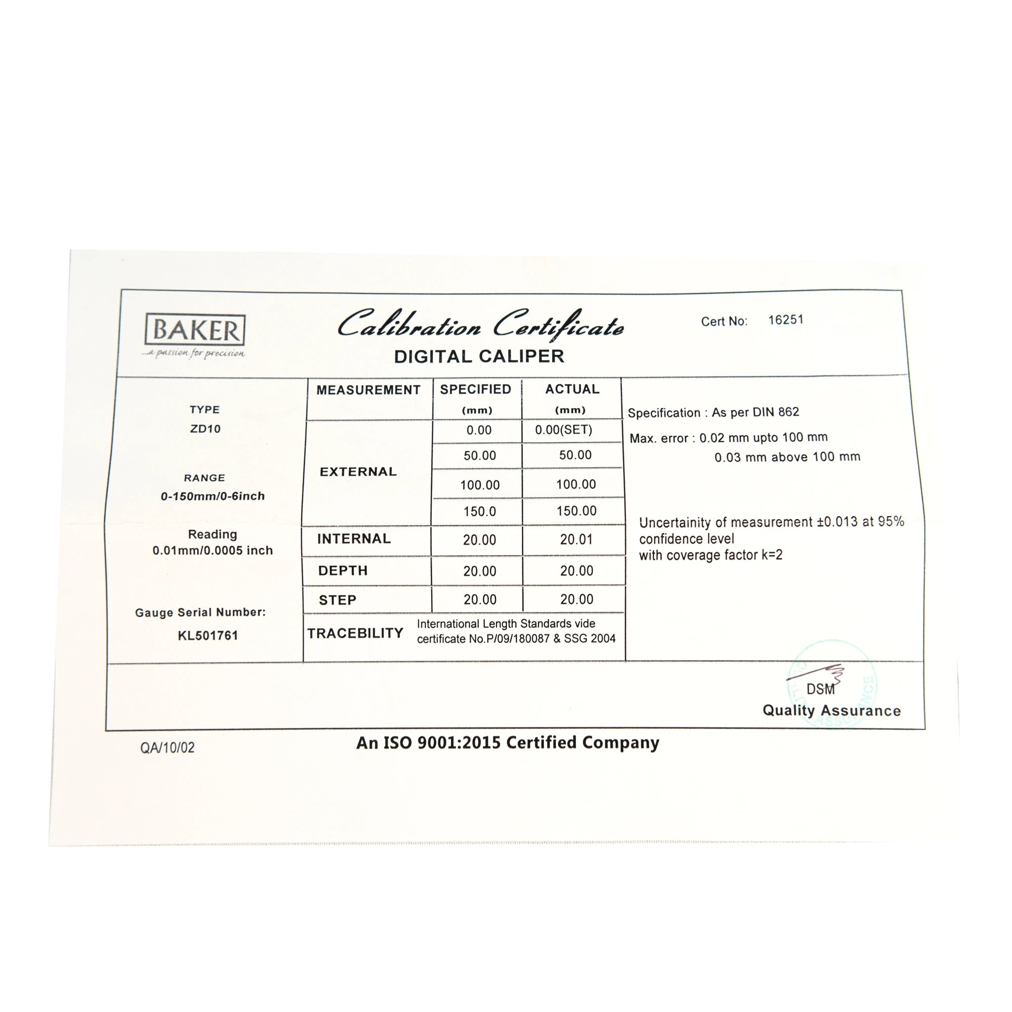Calibration certificate for a digital caliper with specifications and Baker branding.