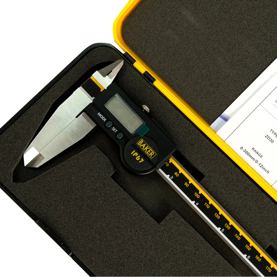 Digital caliper in a black case with yellow interior