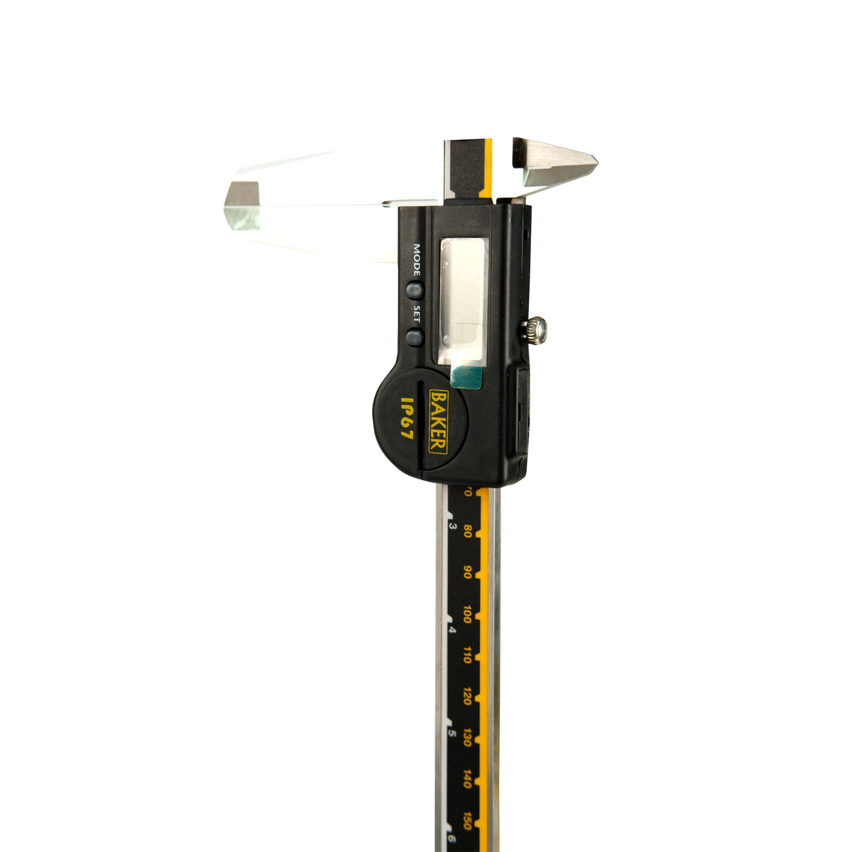 A digital caliper with a black and gray body, a digital display, and a yellow measuring rod.