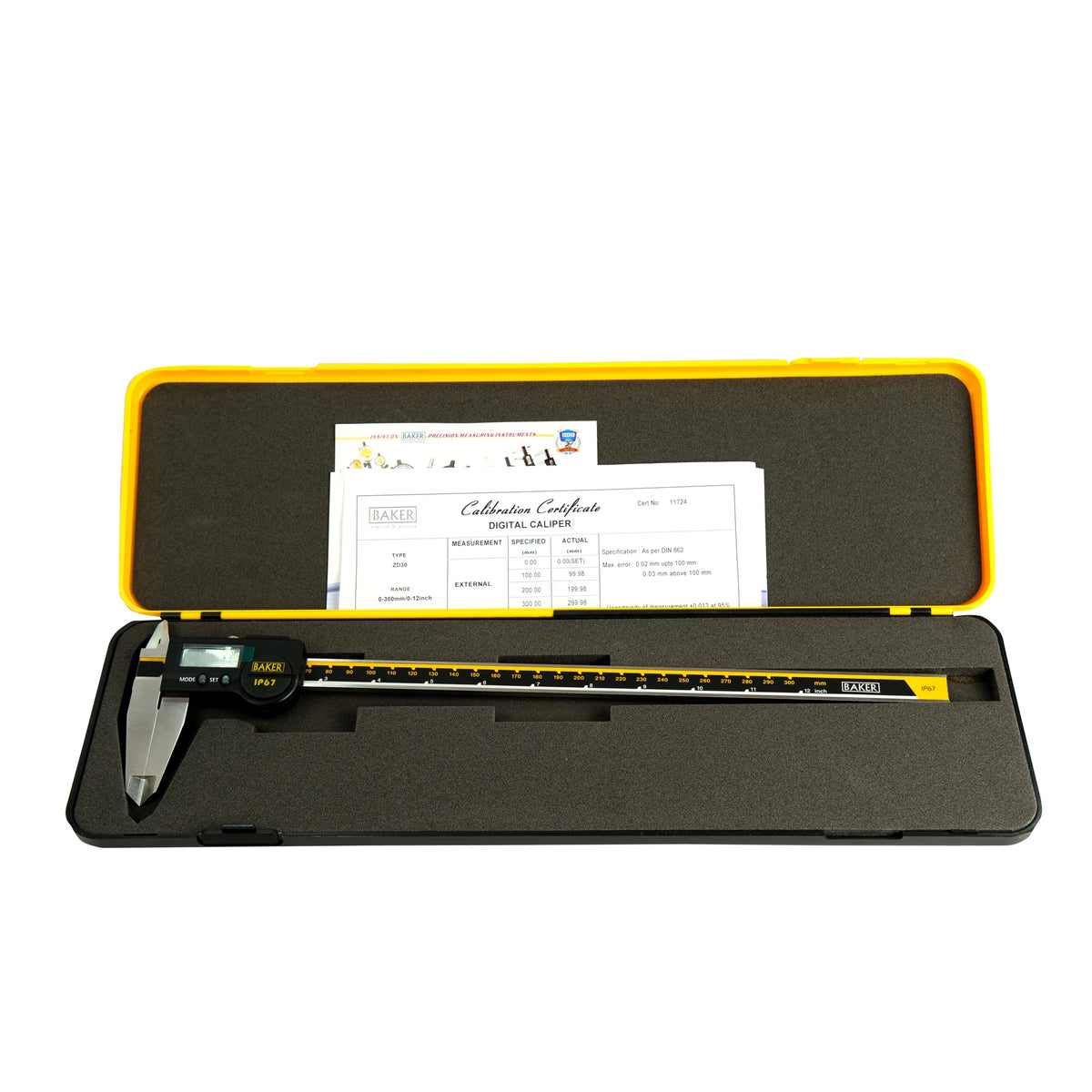 Digital caliper in a black case with yellow accents on a white background