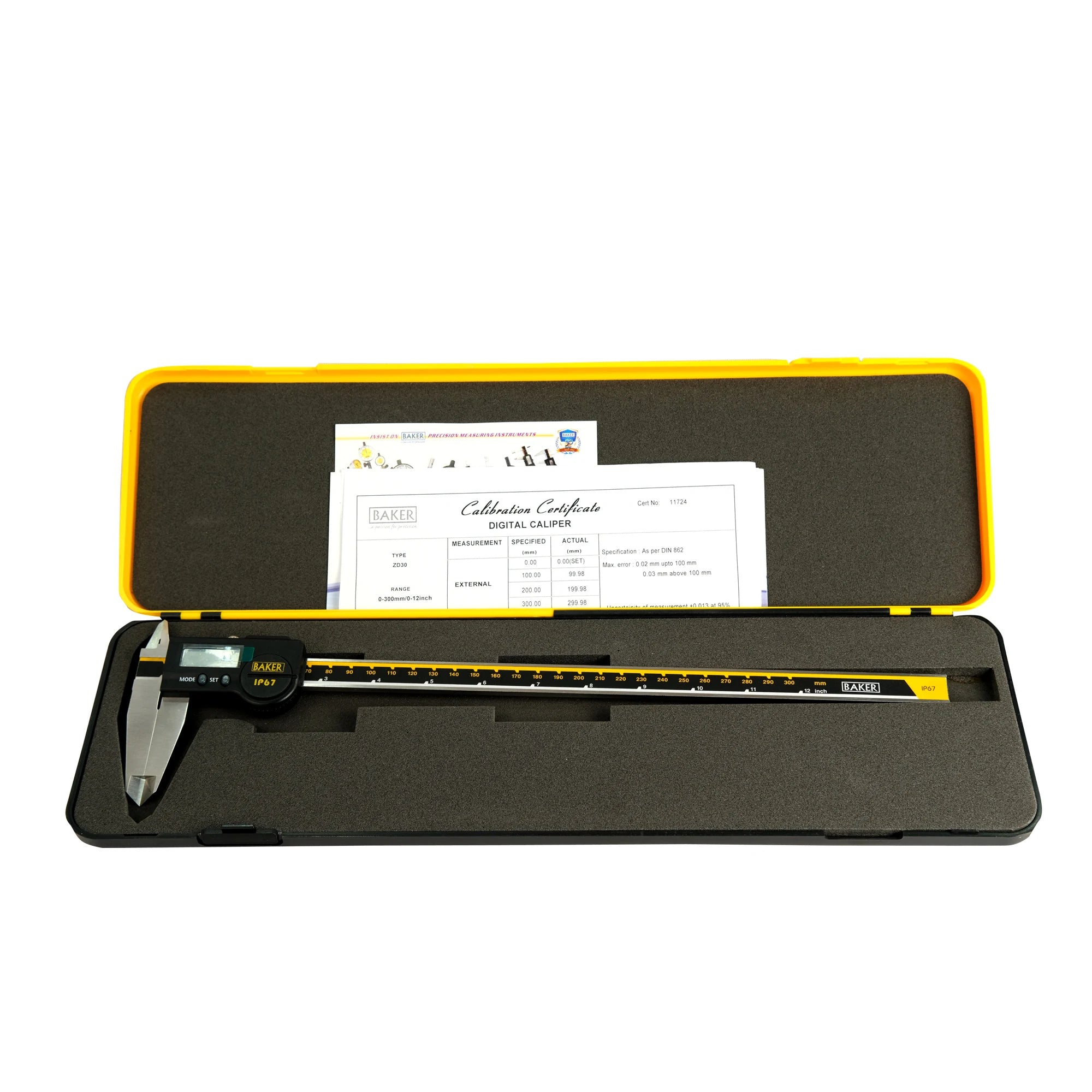 Digital caliper in a black case with yellow accents on a white background