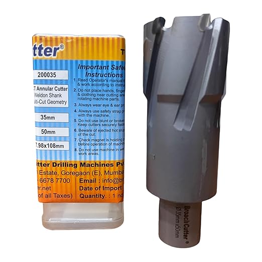 Drill bit with packaging displaying safety instructions on a white background