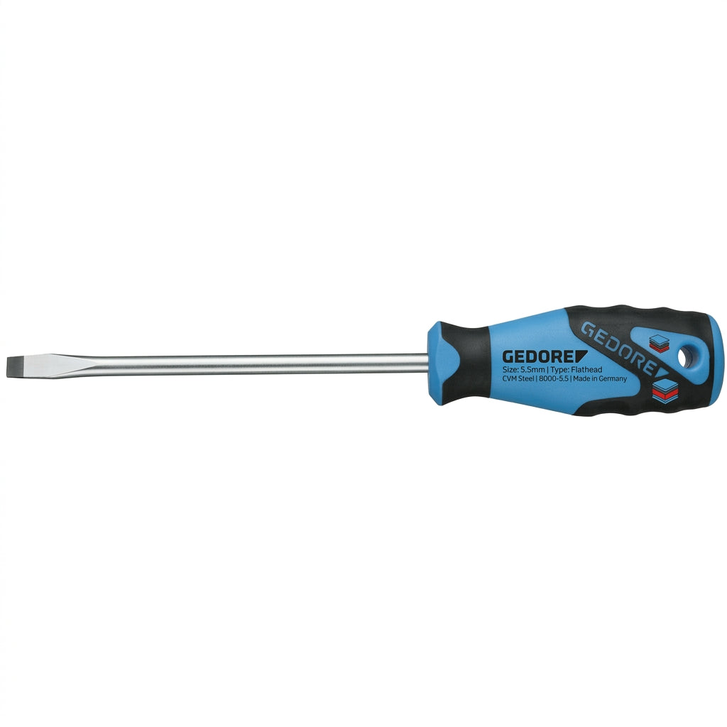 Screwdriver with blue and black handle on a white background