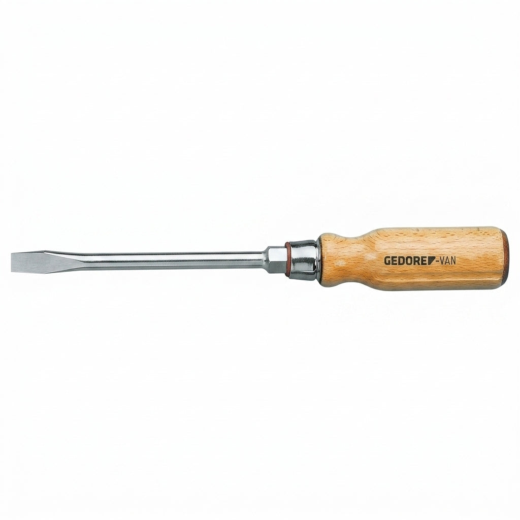 Chisel with wooden handle and metal blade on a white background