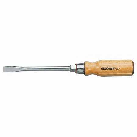 Chisel with wooden handle and metal blade on a white background