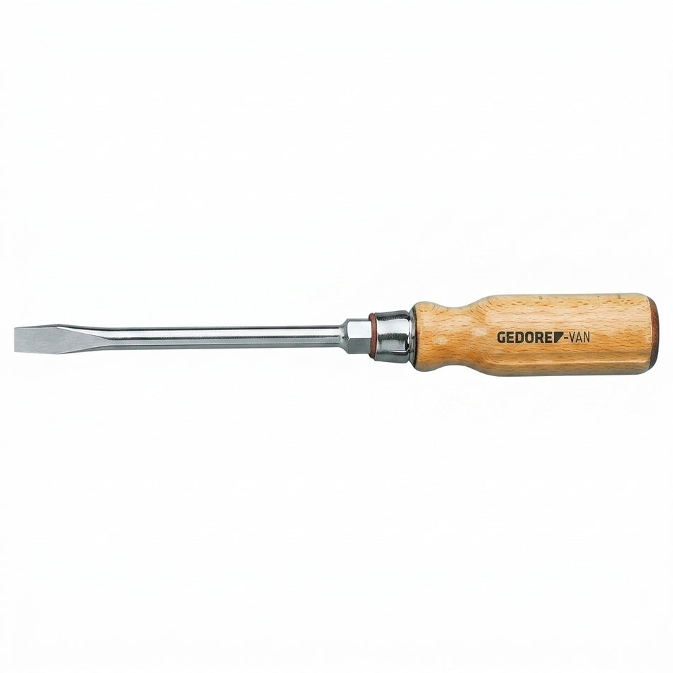 Chisel with wooden handle and metal blade on a white background