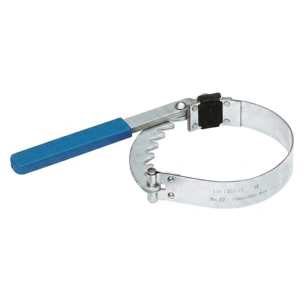 Metal hose clamp with blue handle on a white background
