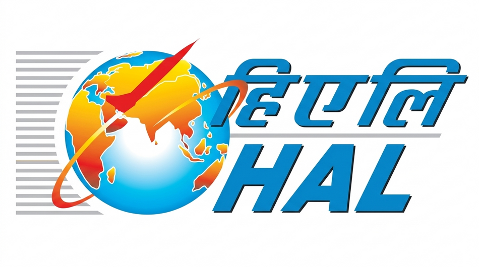 Logo of HAL with a stylized globe and airplane on a white background