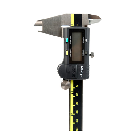 Mitutoyo digital vernier caliper with stainless steel jaws and a digital LCD display.