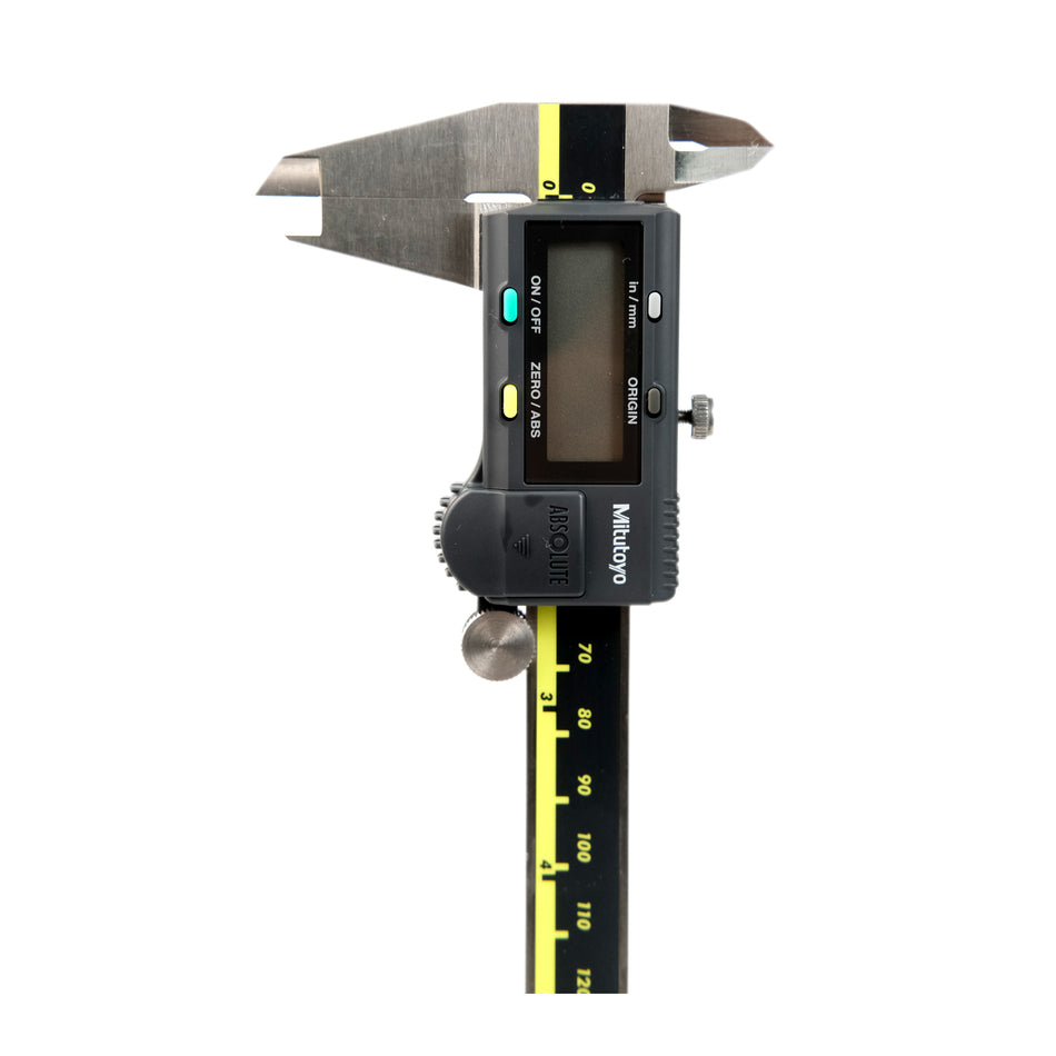 Mitutoyo digital vernier caliper with stainless steel jaws and a digital LCD display.