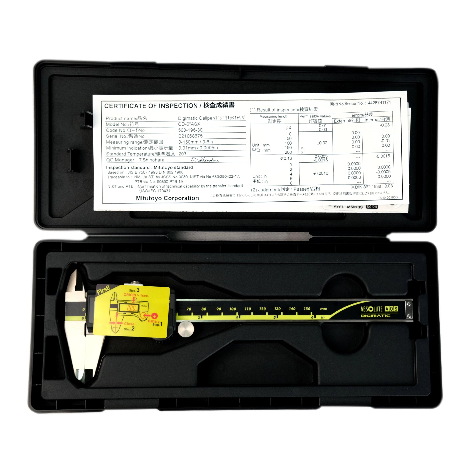 Digital caliper in a black case with a certificate of inspection on a white background
