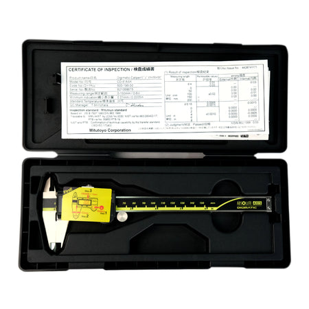 Digital caliper in a black case with a certificate of inspection on a white background