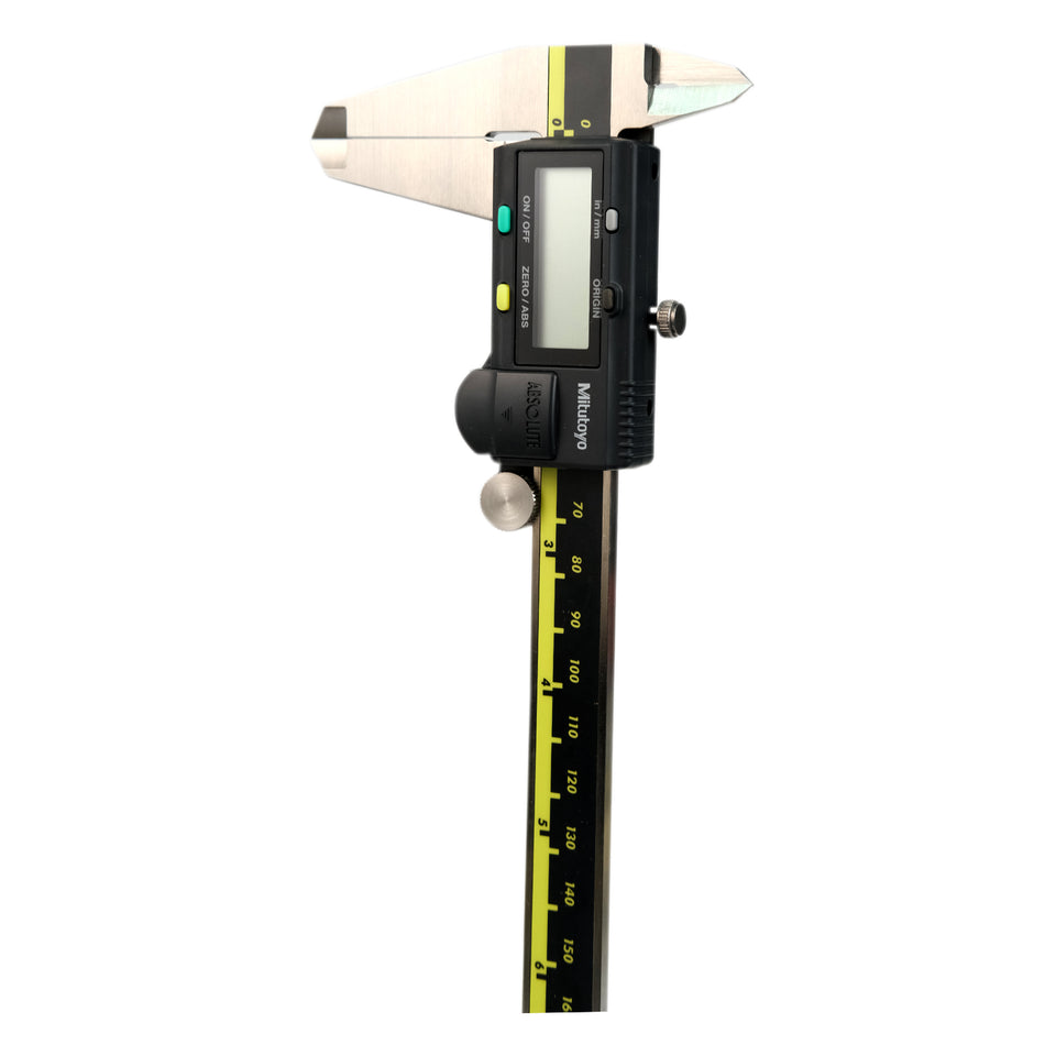 Mitutoyo digital vernier caliper with a black and white color scheme, featuring a digital LCD display and stainless steel construction.