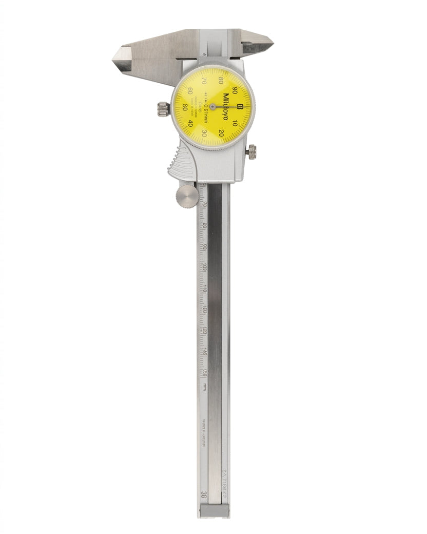 Dial indicator with yellow gauge on a white background