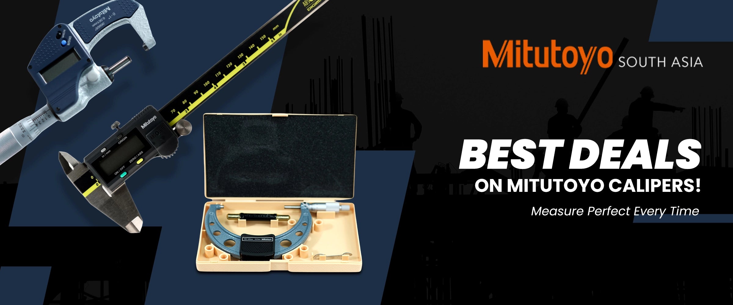 Mitutoyo calipers and measuring instruments with promotional text on a dark background
