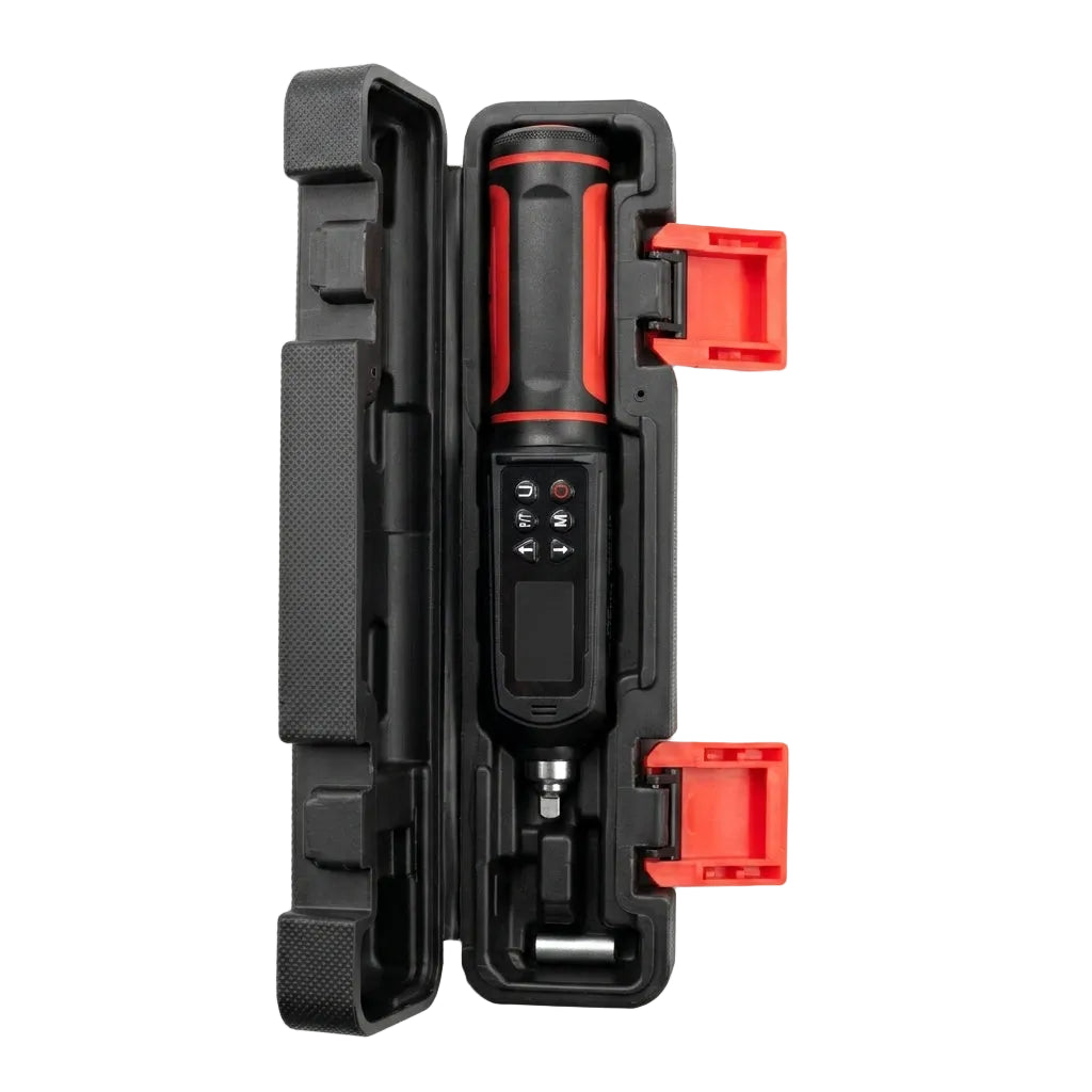 Black and red tool in a black case on a white background