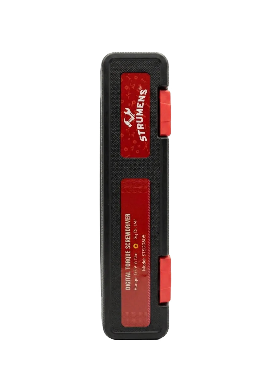 Black and red electronic device with 'Strumens' branding on a white background