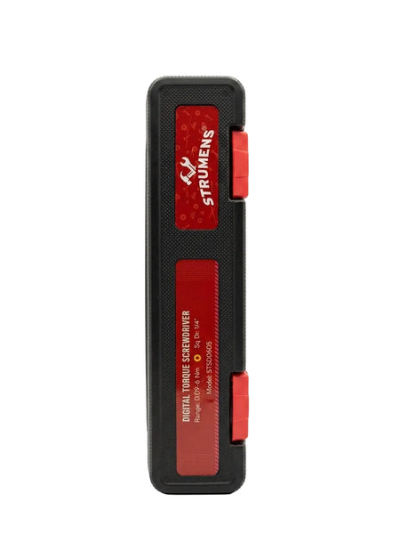 Black and red electronic device with 'Strumens' branding on a white background