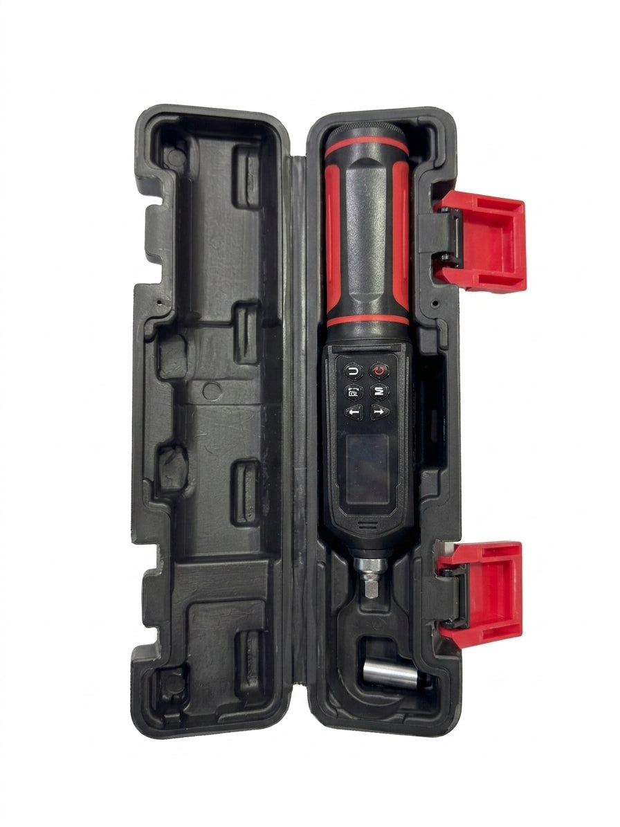 Black and red tool in an open case on a white background