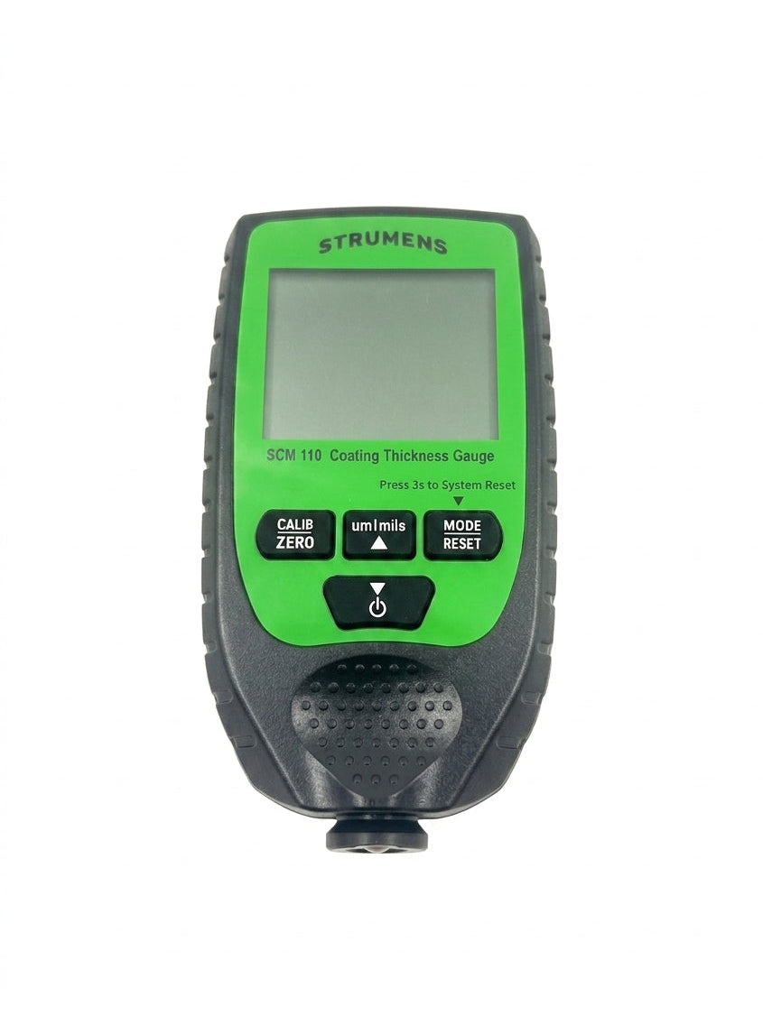 Green and gray thickness gauge with 'Strumens' branding on a white background