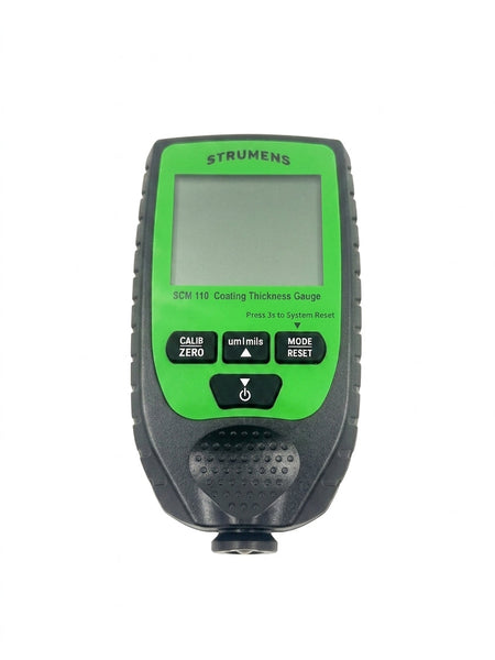 Green and gray thickness gauge with 'Strumens' branding on a white background