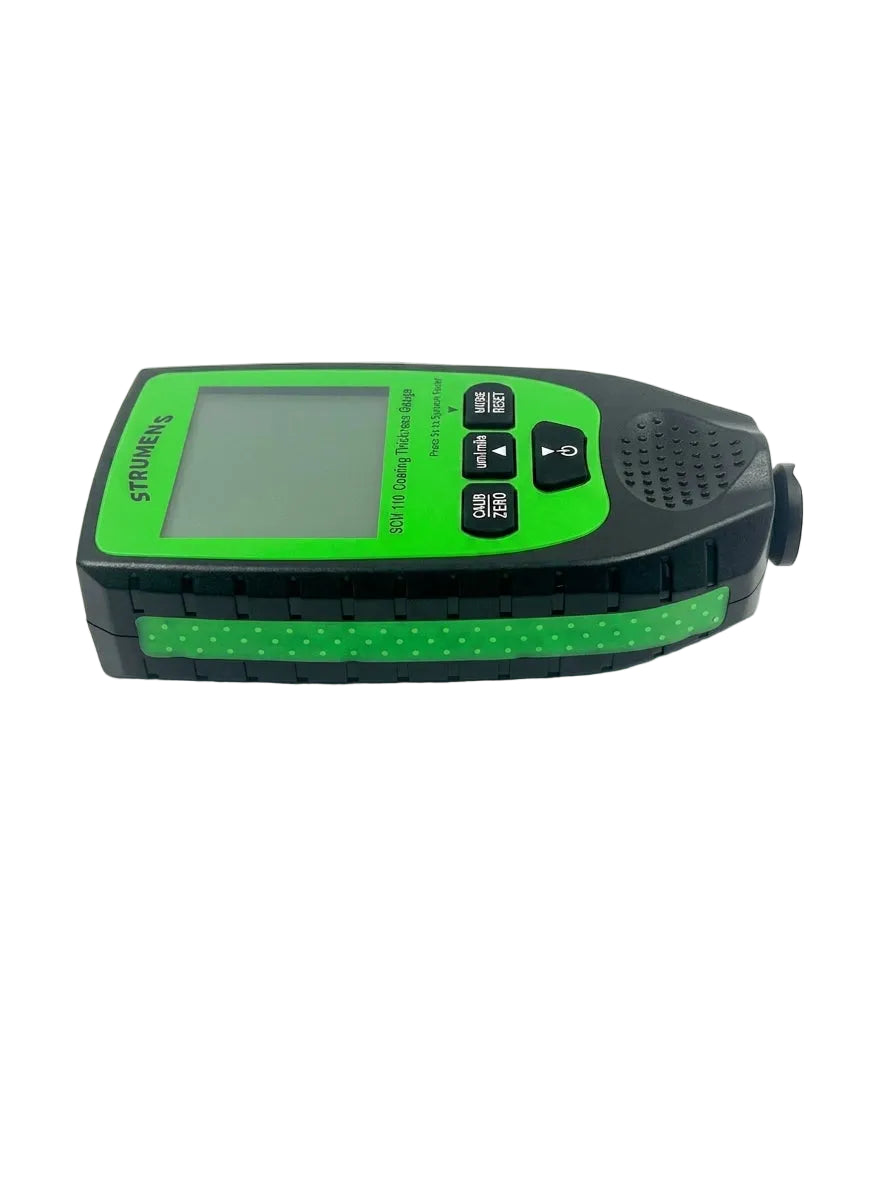 Green and black electronic device on a white background
