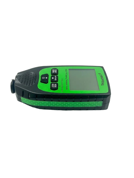 Green and black handheld device with a digital display on a white background
