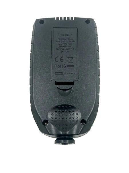 Black electronic device with warning label on a white background