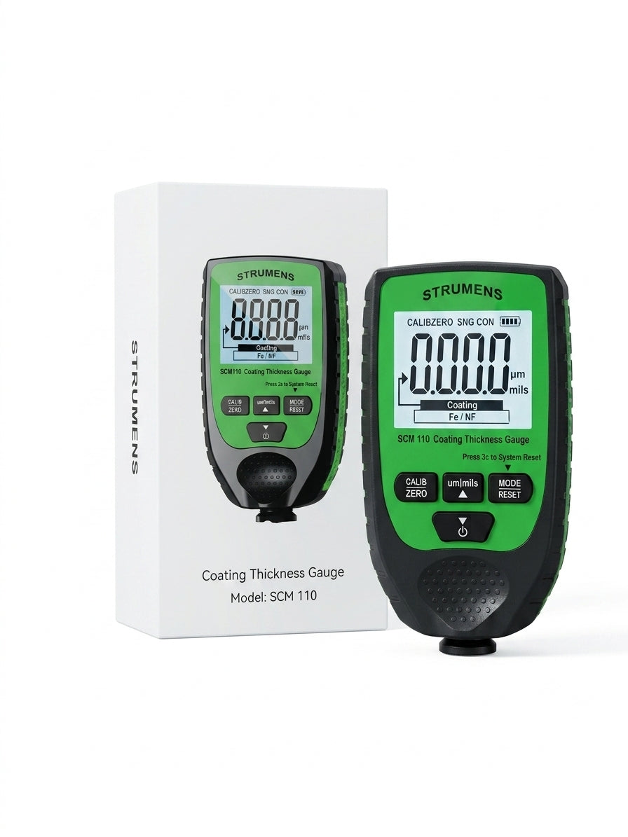 Two coating thickness gauges with a white box on a white background, branded 'Strumens'.