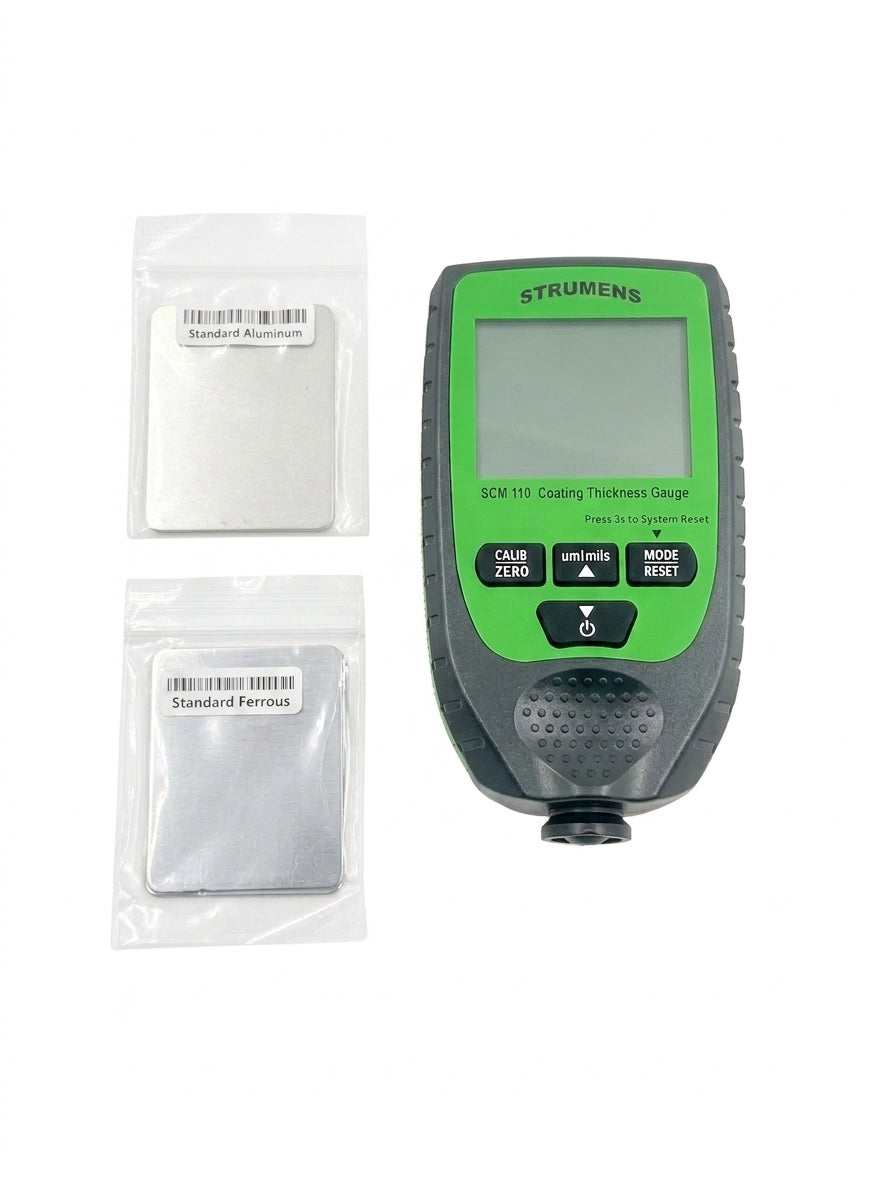 Strumens coating thickness gauge with two sample pouches on a white background
