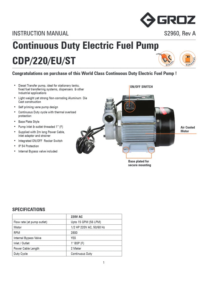 Groz 220V AC Continuous Duty Electric Diesel Pump, CDP/220UR/EU