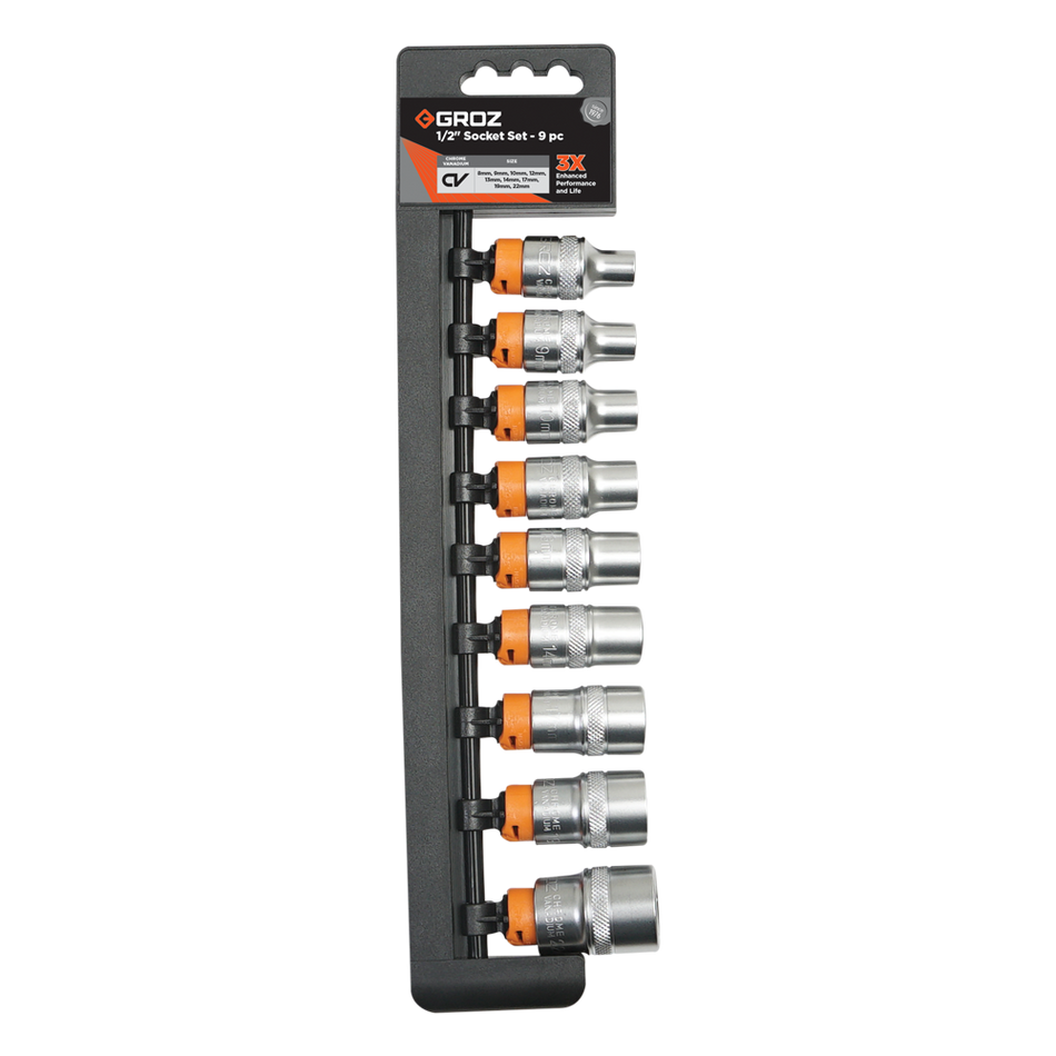 GROZ 1/2" Hex Socket Set 9pcs, KIT/SKT/H/1-2/9L/UG