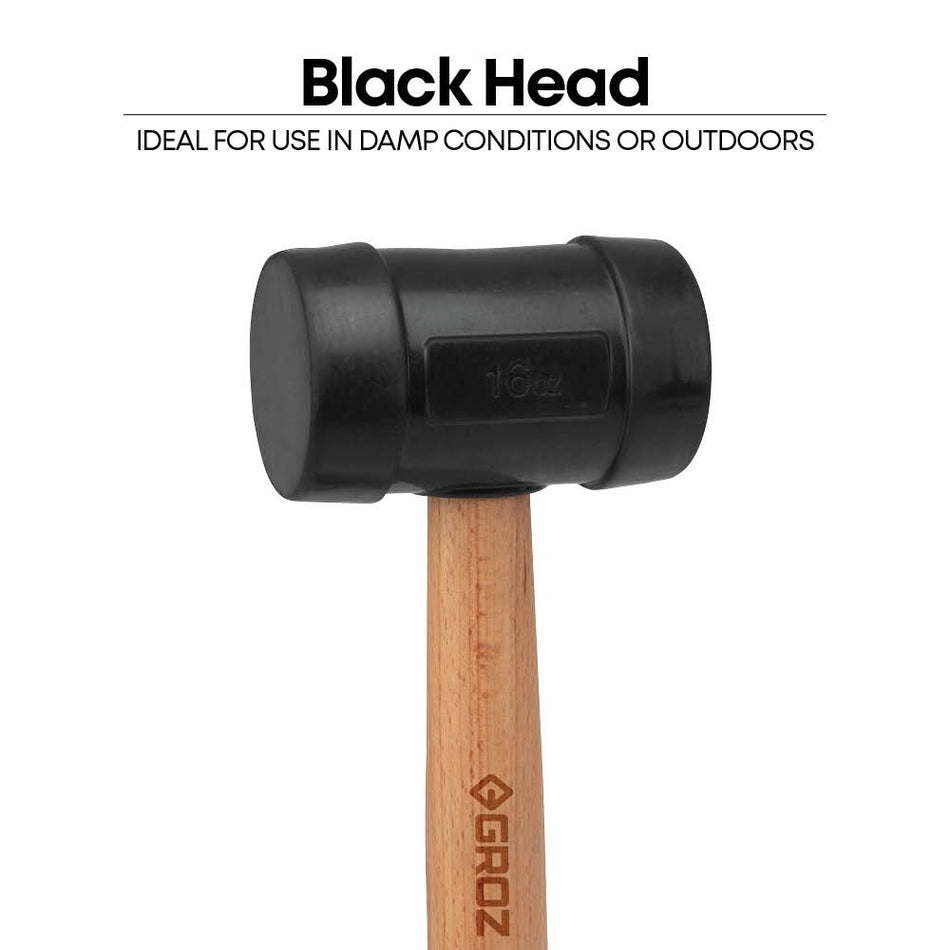 GROZ MLTR/20B/BW 350 mm Rubber Hammer with Hard Wood Handle, Black