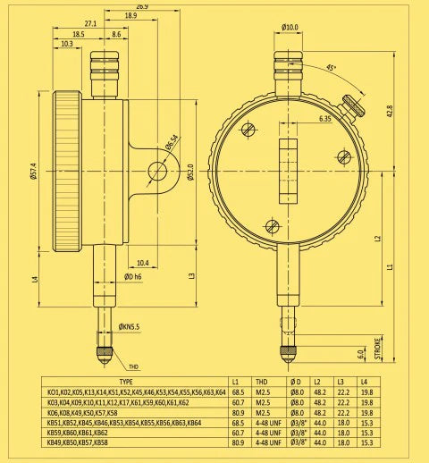 Baker K50 Plunger Type Dial Gauge, Reading 0.001", Range 1", Graduation 0-100