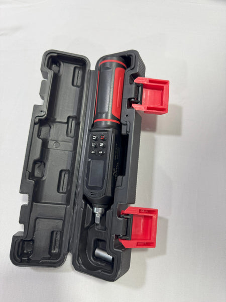 Black and red tool with open case on a white background