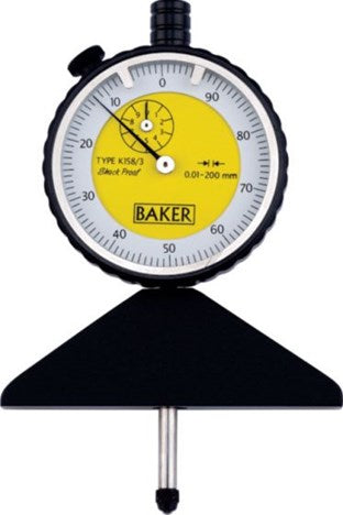 Baker Dial Depth Gage K158/3, Reading 0.01mm, Range 0-200mm, Graduation 100-0