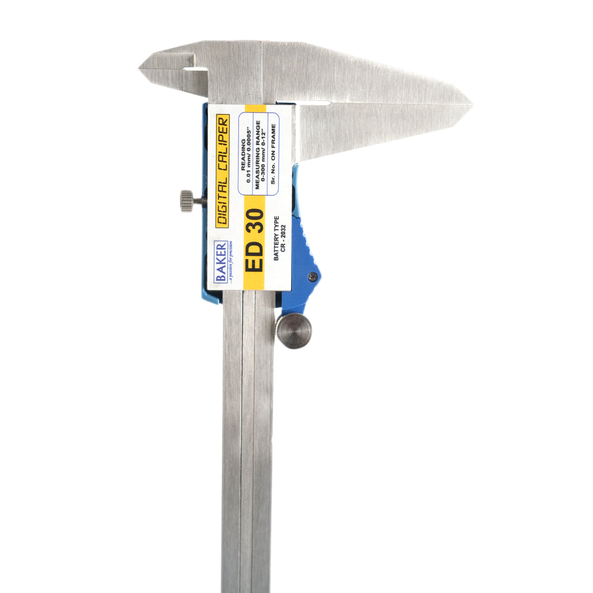 Baker ED30 digital caliper with stainless steel jaws, a digital display, and a blue and silver color scheme.