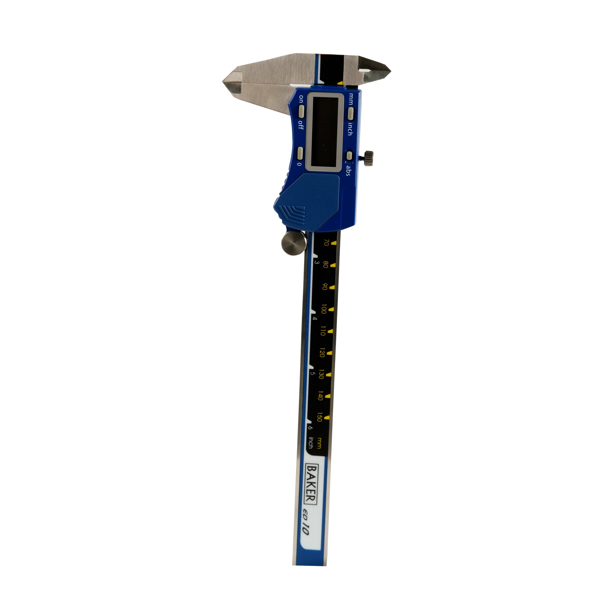 A digital caliper with a blue body and a black large liquid crystal display, marked with measurements on a silver background.