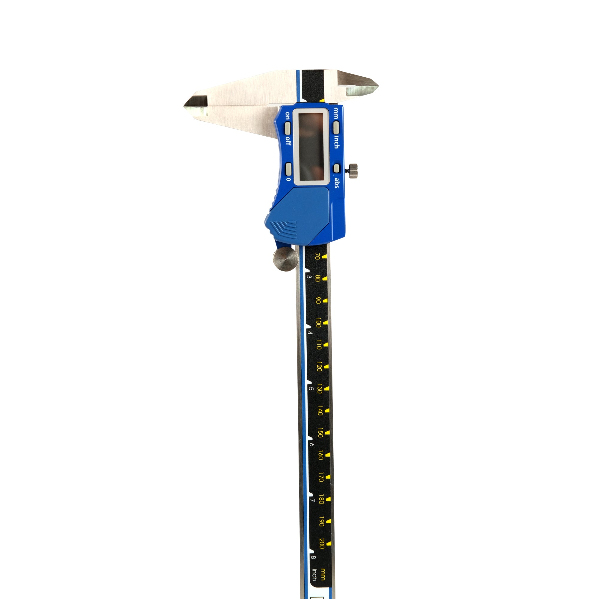 A digital caliper with a blue and black body, featuring a digital display and stainless steel jaws.