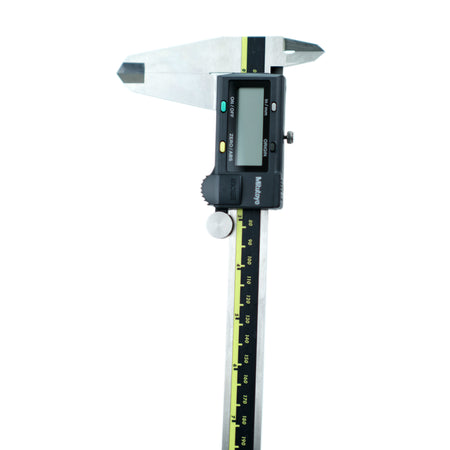 A digital vernier caliper with a black and silver body, a dial display, and a single measurement rod.